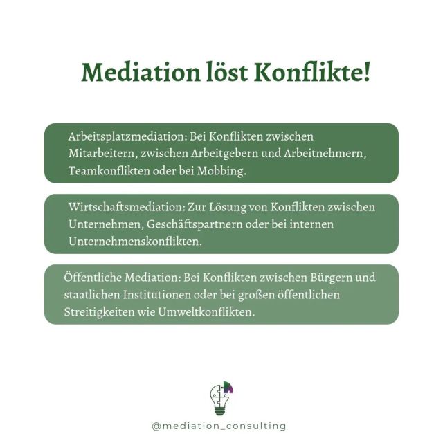 ✨ Mediation als Schlüssel zur Konfliktlösung ✨

In verschiedenen Bereichen des Lebens kann Mediation helfen, Brücken zu bauen und Konflikte zu lösen. Hier sind drei wichtige Anwendungsbereiche:

**Arbeitsplatzmediation**: Konflikte am Arbeitsplatz können schnell eskalieren und die Arbeitsatmosphäre belasten. Als Mediatorin unterstütze ich dabei, Spannungen abzubauen, Missverständnisse zu klären und ein harmonisches Arbeitsumfeld zu schaffen. Gemeinsam finden wir Lösungen, die für alle Beteiligten fair und nachhaltig sind.

**Wirtschaftsmediation**: Geschäftskonflikte können kostspielig und zeitaufwendig sein. Mediation bietet eine effiziente Alternative, um Streitigkeiten zwischen Unternehmen oder Geschäftspartnern zu lösen. Durch konstruktive Gespräche und Verhandlungen lassen sich langfristige Geschäftsbeziehungen erhalten und stärken.

**Öffentliche Mediation**: In der Gesellschaft treten häufig Konflikte zwischen Bürgern und staatlichen Institutionen auf. Öffentliche Mediation fördert den Dialog und hilft, Lösungen zu finden, die im Interesse aller liegen. So können wir gemeinsam an einer friedlicheren und kooperativeren Gemeinschaft arbeiten.

Lasst uns gemeinsam die Kraft der Mediation nutzen, um Konflikte zu lösen und eine bessere Zukunft zu gestalten. 🌟

#Mediation #Konfliktlösung #Arbeitsplatzmediation #Wirtschaftsmediation #ÖffentlicheMediation #Frieden #Kommunikation #Vertrauen #ZusammenStark #BrückenBauen #Miteinander #Harmonie #Unterstützung #Teamwork

Brauchst auch du Hilfe bei deinem Konflikt?