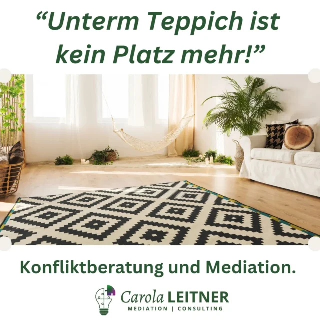 Unterm Teppich ist kein Platz mehr… 🚫 Wie oft bleiben Konflikte unangesprochen und stauen sich an, bis sie kaum noch zu übersehen sind? Genau dann wird es Zeit, aktiv hinzuschauen und Lösungen zu schaffen, die nicht nur die Symptome, sondern die Ursache angehen. 

Als Mediatorin unterstütze ich euch dabei, versteckte Spannungen ans Licht zu bringen und Klarheit zu schaffen – bevor aus kleinen Unstimmigkeiten größere Konflikte entstehen. Wenn ihr bereit seid, gemeinsam Lösungen zu finden und Konflikte nachhaltig zu klären, bin ich hier, um zu helfen. 🌱

Schreibt mir eine Nachricht und lasst uns gemeinsam an einer klaren, positiven Zukunft arbeiten!

#Konfliktlösung #Mediation #Konfliktberatung  #UntermTeppich #BusinessMediation #FriedlicheLösungen #KlareKommunikation  #Zusammenarbeiten #NachhaltigeLösungen  #KonflikteLösen #ProblemSolving #TeamHarmony  #Wirtschaftsmediation #VeränderungBeginntHier  #StärkeDurchMediation