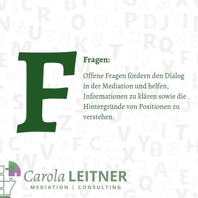 🌟 **Mediation von A bis Z** 🌟

**F – wie offene Fragen** 🤔

Offene Fragen sind ein Schlüssel zur erfolgreichen Mediation! Durch Fragen wie „Was ist Ihnen besonders wichtig?“ oder „Wie stellen Sie sich die Lösung vor?“ eröffnen wir einen Raum, in dem alle Beteiligten ihre Sichtweise und Bedürfnisse frei äußern können. Dadurch wird der Dialog gefördert und oft kommen Aspekte ans Licht, die bei geschlossenen Fragen verborgen bleiben. Der Austausch wird lebendiger und ehrlicher – die perfekte Basis für eine nachhaltige Konfliktlösung! ✨

Lasst uns gemeinsam die Türen für ehrliche Gespräche öffnen und den Weg zur Einigung ebnen. 🗝️💬

#MediationVonAbisZ #OffeneFragen #DialogFördern #Konfliktlösung  

#Kommunikation #Wirtschaftsmediation #Konfliktberatung #KlarheitSchaffen #ZusammenArbeiten #Lösungsorientiert #EhrlicheGespräche #VerständnisAufbauen #KonflikteLösen #PositiveVeränderung #Mediatorin