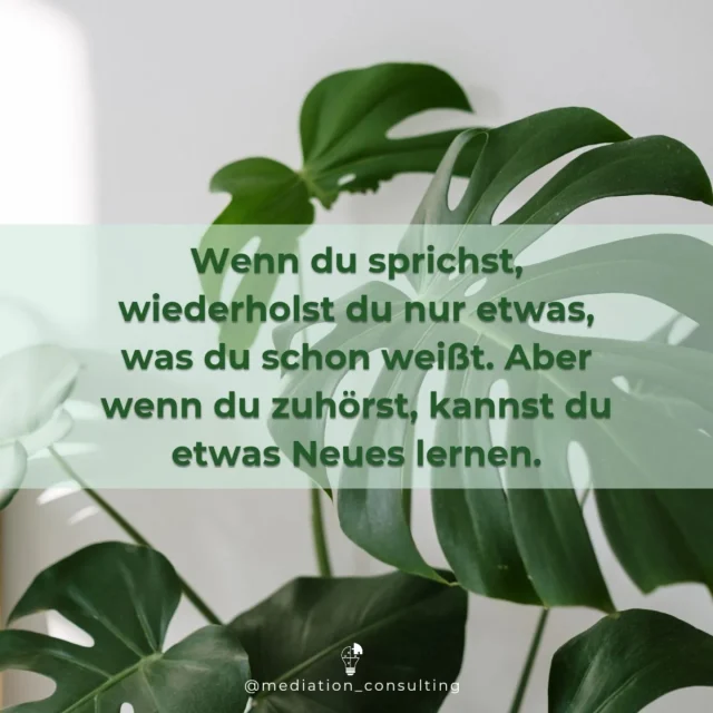 ✨ „Wenn du sprichst, wiederholst du nur etwas, was du schon weißt. Aber wenn du zuhörst, kannst du etwas Neues lernen.“ ✨  

In Konfliktsituationen neigen wir oft dazu, uns auf unsere Sicht der Dinge zu versteifen. Wir sprechen, argumentieren und wollen unseren Standpunkt verteidigen. Doch genau das bringt uns oft nicht weiter.  

Mediation dreht diesen Fokus um: Statt nur zu sprechen, schafft sie Raum für echtes Zuhören. Denn erst, wenn wir uns die Perspektiven der anderen Seite anhören, entstehen neue Möglichkeiten – Verständnis, kreative Lösungen und vor allem: echte Verbindungen.  

💡 Als Mediatorin bin ich da, um diesen Prozess zu begleiten. Ich schaffe einen sicheren Raum, in dem jeder gehört wird, und helfe, gemeinsam eine Lösung zu finden, die für alle tragfähig ist.  

👉 **Du steckst in einem Konflikt? Ob privat oder beruflich, ich unterstütze dich dabei, aus festgefahrenen Situationen auszubrechen und Neues zu lernen. Lass uns zusammenarbeiten!**  

#Mediation #Konfliktlösung #Zuhören #Inspiration #Kommunikation #Verständnis #BrückenBauen #FriedenSchaffen #KonflikteLösen #Miteinander #NeuePerspektiven #Zusammenarbeit #Veränderung #Achtsamkeit